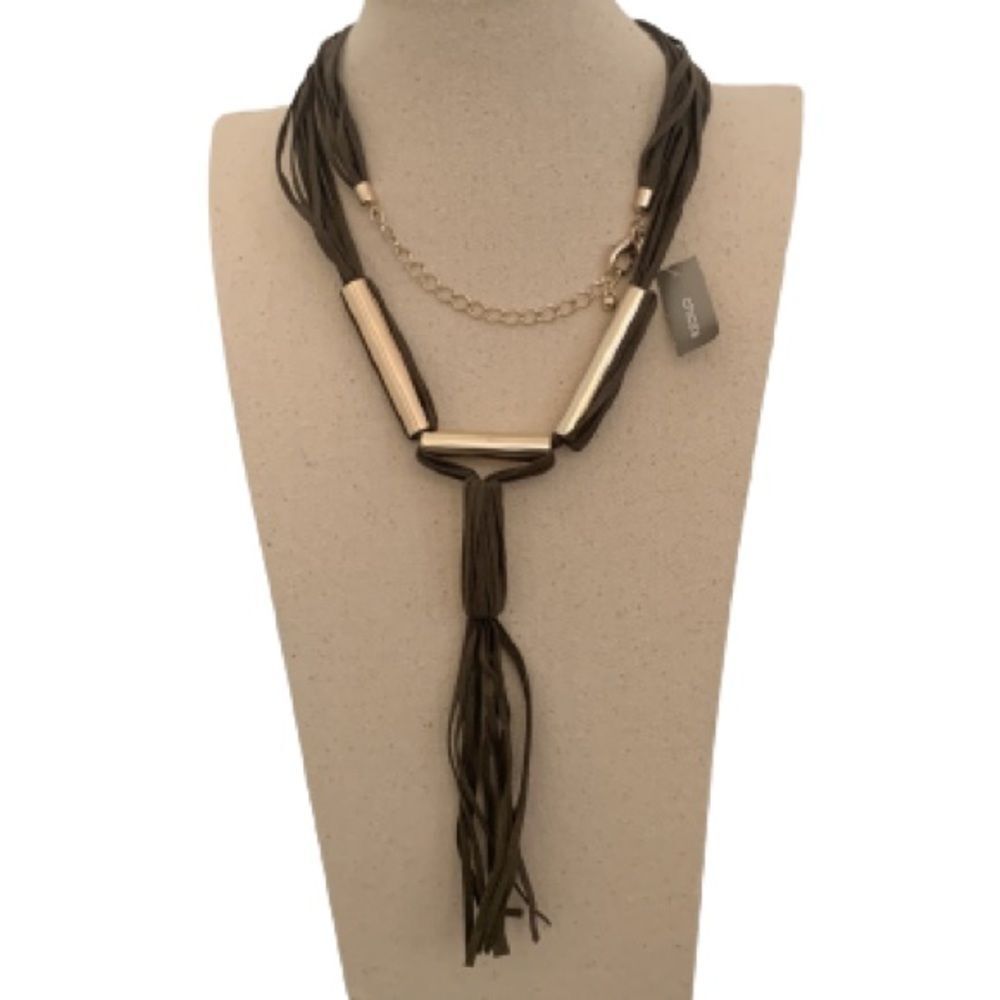 Chico’s Olivia Pendant – Long Olive Suede Lariat with Silver Tone Bars